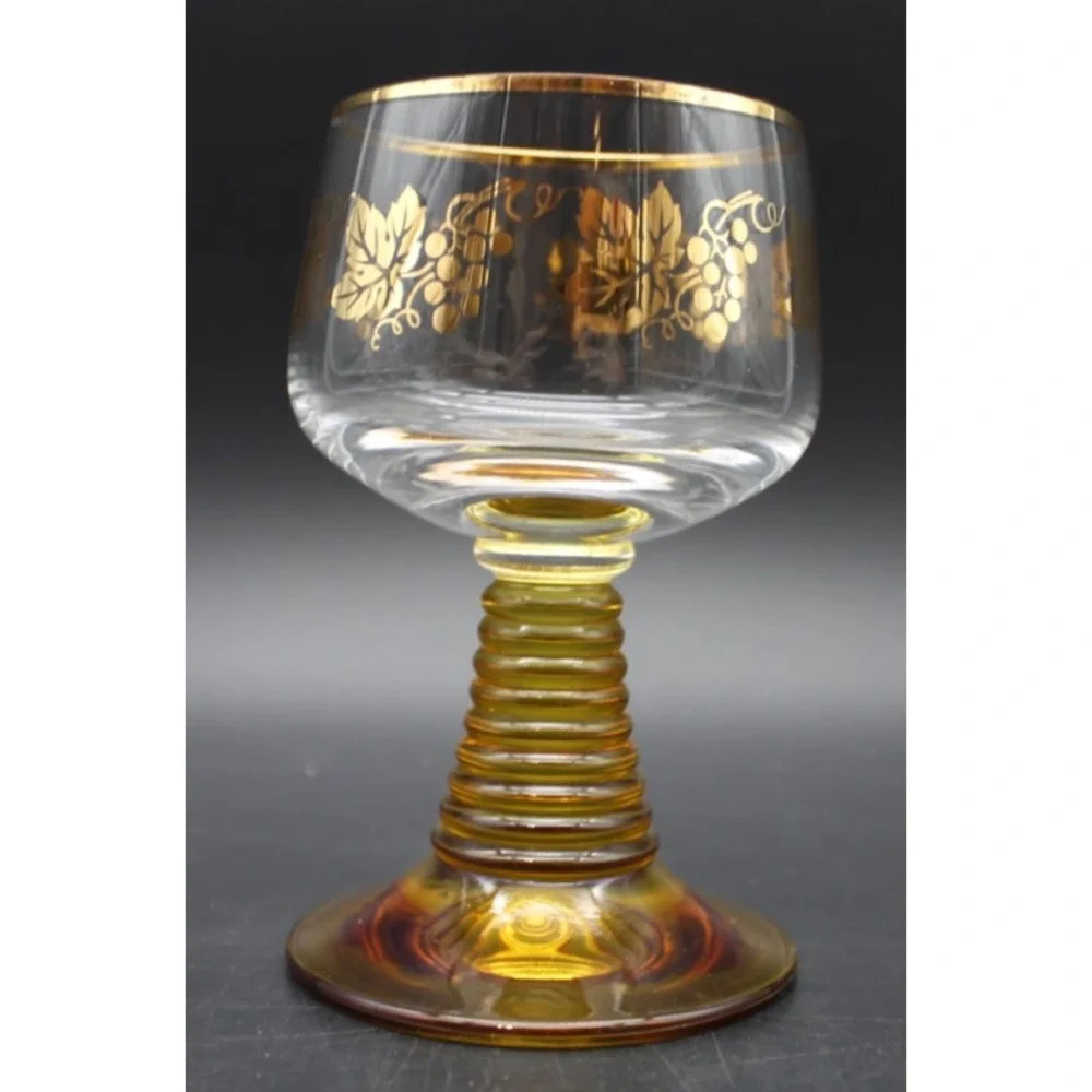Vintage Romer Cordial Glasses Amber Beehive Stem Gold White Floral Set of 2